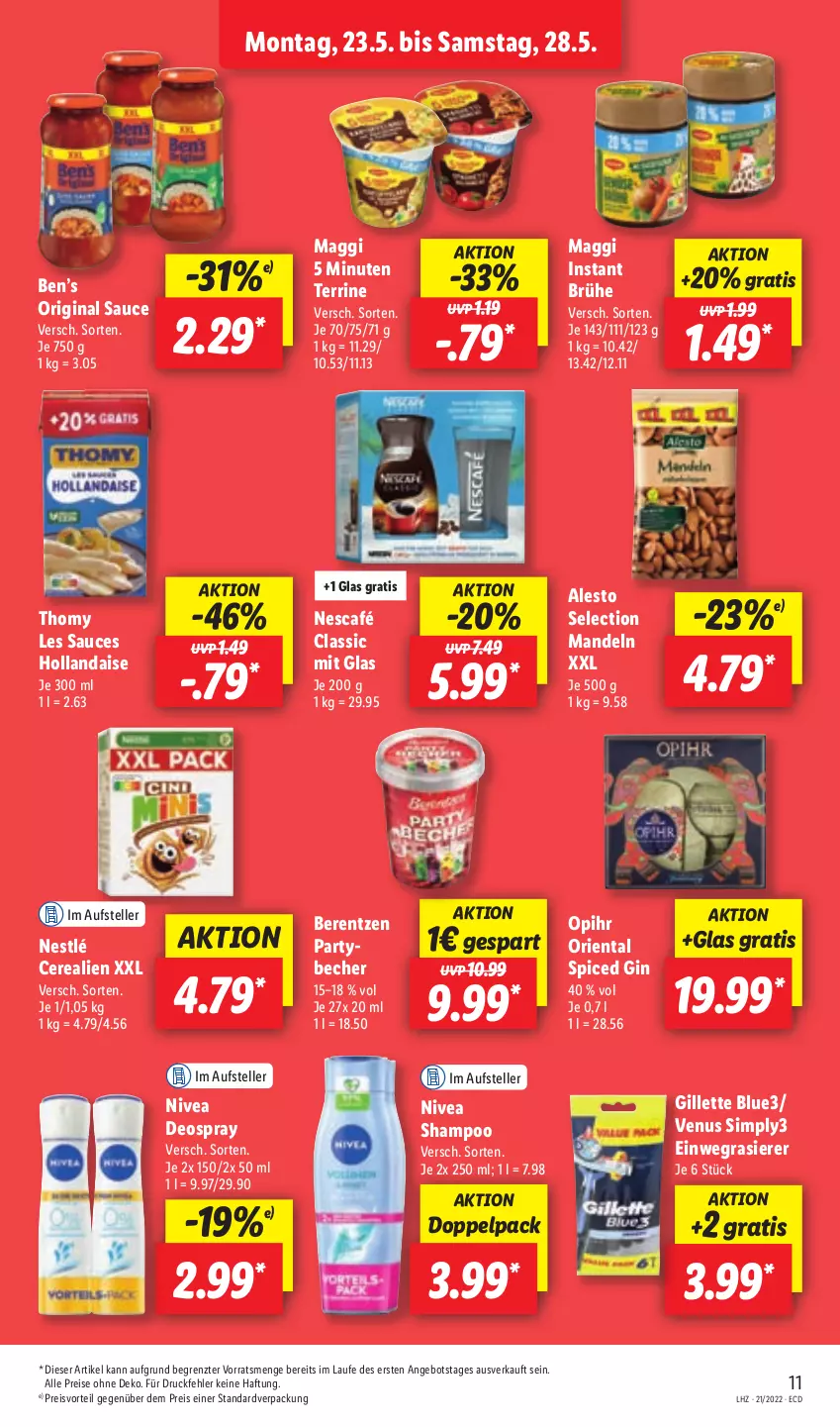 Aktueller Prospekt Lidl - Aktionsprospekt - von 23.05 bis 28.05.2022 - strona 11 - produkty: alesto, angebot, Becher, Ben’s Original, berentzen, Brühe, cerealien, deo, deospray, einwegrasierer, eis, elle, gillette, gin, hollandaise, maggi, mandel, mandeln, Nescafé, nestlé, nivea, preisvorteil, rasierer, reis, sauce, shampoo, sim, teller, terrine, thomy, thomy les sauces, Ti, venus, ZTE