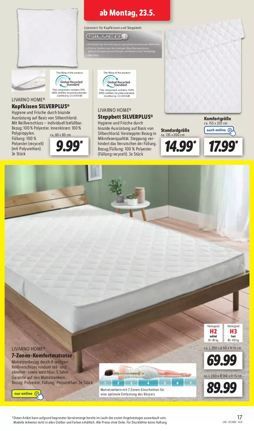 Aktueller Prospekt Lidl - Aktionsprospekt - von 23.05 bis 28.05.2022 - strona 17 - produkty: angebot, bett, bio, dell, eis, elle, kissen, kopfkissen, matratze, matratzen, mikrofaser, Mode, reis, schnitten, steppbett, Ti, ZTE