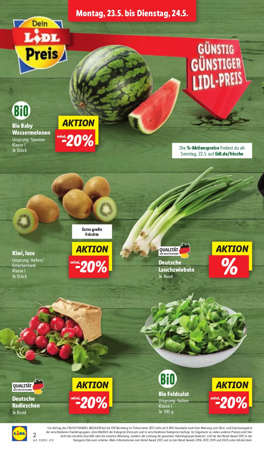 Aktueller Prospekt Lidl - Aktionsprospekt - von 23.05 bis 28.05.2022 - strona 2 - produkty: Abtei, aktionspreis, angebot, bio, discount, eis, feldsalat, frucht, früchte, kiwi, Lauchzwiebel, lauchzwiebeln, magazin, melone, melonen, obst, radieschen, reis, salat, Ti, und gemüse, wasser, wassermelone, wassermelonen, zwiebel, zwiebeln