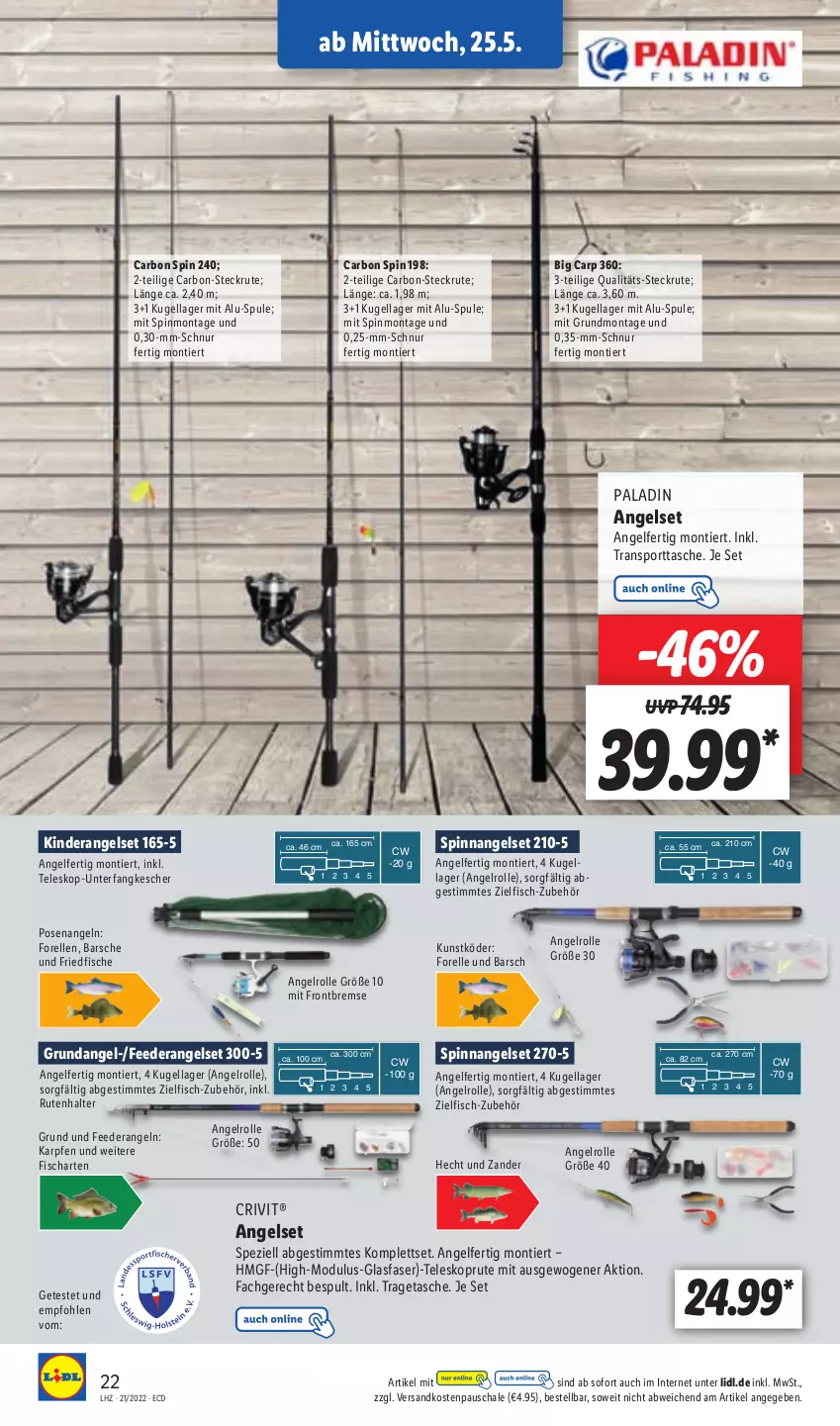 Aktueller Prospekt Lidl - Aktionsprospekt - von 23.05 bis 28.05.2022 - strona 22 - produkty: crivit, elle, fisch, fische, forelle, Kescher, Kinder, Kugel, ndk, rel, Schal, Schale, Spezi, Sport, sporttasche, Tasche, Teleskop, Ti, tragetasche, Zander