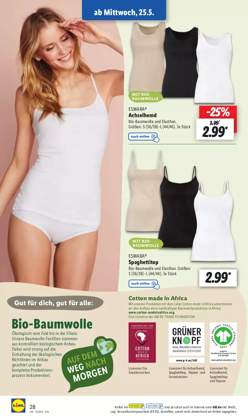 Aktueller Prospekt Lidl - Aktionsprospekt - von 23.05 bis 28.05.2022 - strona 28 - produkty: achselhemd, Bau, baumwolle, bio, bio-baumwolle, esmara, hemd, ndk, Schal, Schale, sneaker, sneakersocken, söckchen, socken, spaghetti, Ti, trolli, wolle