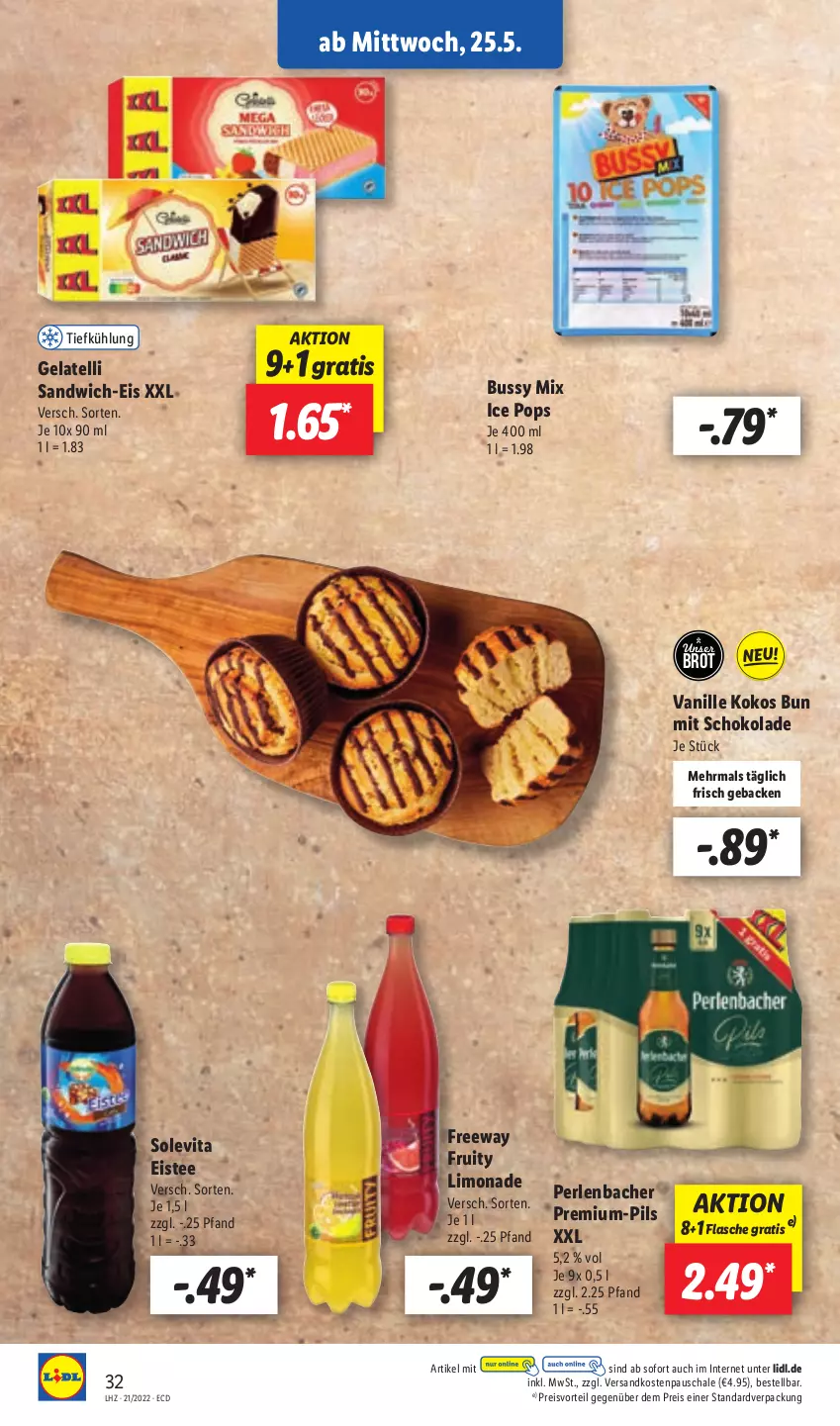 Aktueller Prospekt Lidl - Aktionsprospekt - von 23.05 bis 28.05.2022 - strona 32 - produkty: brot, eis, eistee, flasche, geback, Gelatelli, kokos, limo, limonade, ndk, perlen, pils, preisvorteil, reis, sandwich, Schal, Schale, schoko, schokolade, tee, Ti, vanille, vita