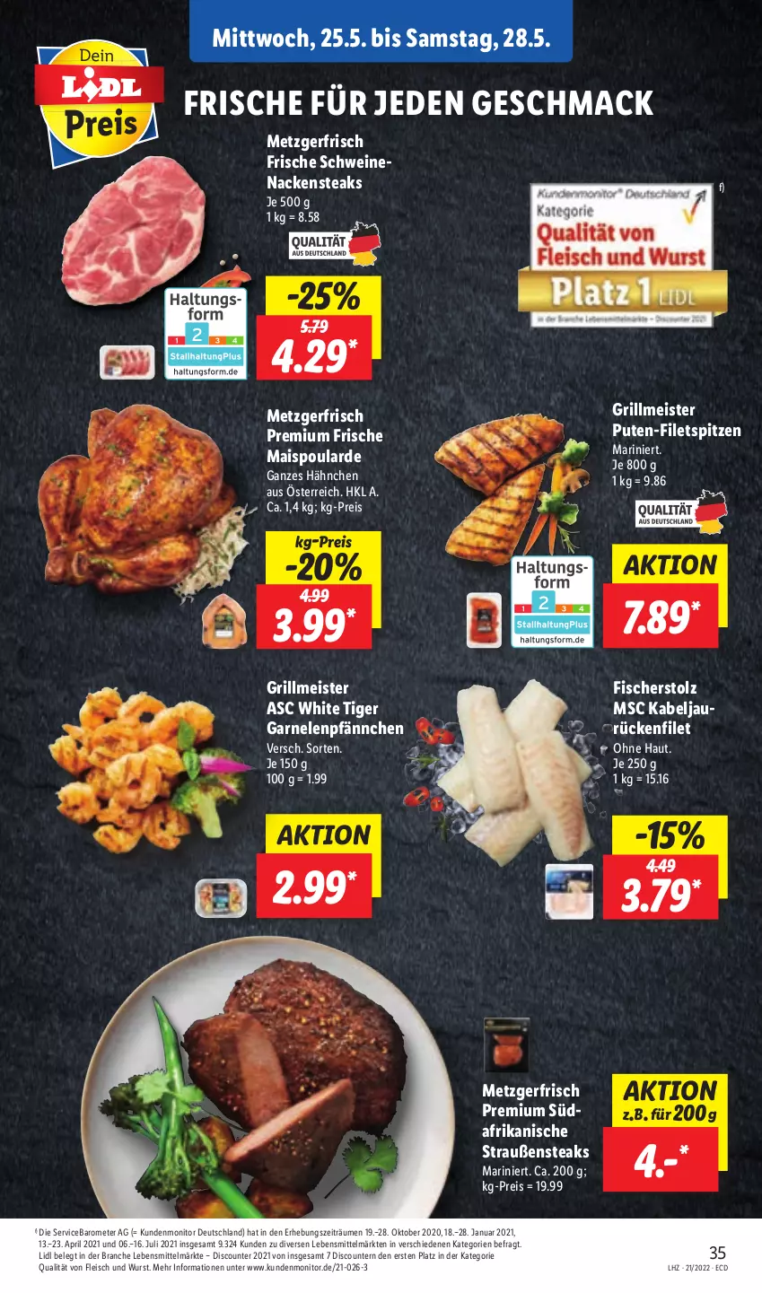 Aktueller Prospekt Lidl - Aktionsprospekt - von 23.05 bis 28.05.2022 - strona 35 - produkty: discount, eis, filet, filets, fisch, fische, Fischer, fleisch, garnelen, grill, lebensmittel, mac, mais, Meister, monitor, Nackensteak, nackensteaks, pril, pute, reis, schwein, schweine, schweinenacken, steak, steaks, Ti, wein, weine, wurst