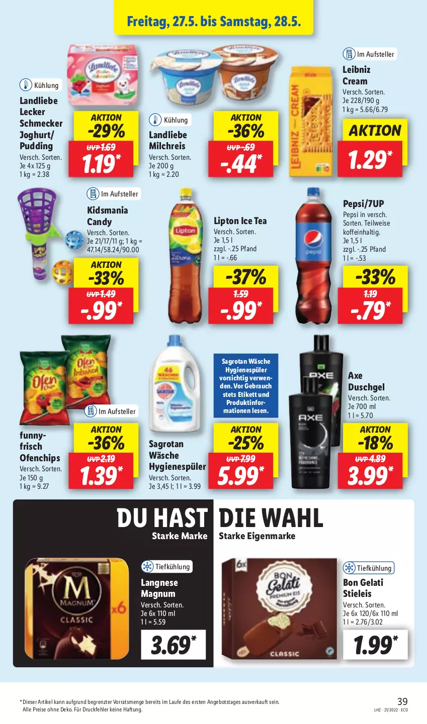 Aktueller Prospekt Lidl - Aktionsprospekt - von 23.05 bis 28.05.2022 - strona 39 - produkty: 7UP, angebot, axe, axe duschgel, Bon Gelati, chips, duschgel, eis, elle, hygienespüler, ice tea, joghur, joghurt, landliebe, langnese, leibniz, lipton, lipton ice tea, magnum, milch, milchreis, Ofen, pepsi, pudding, Rauch, reis, rwe, sagrotan, stieleis, teller, Ti, ZTE