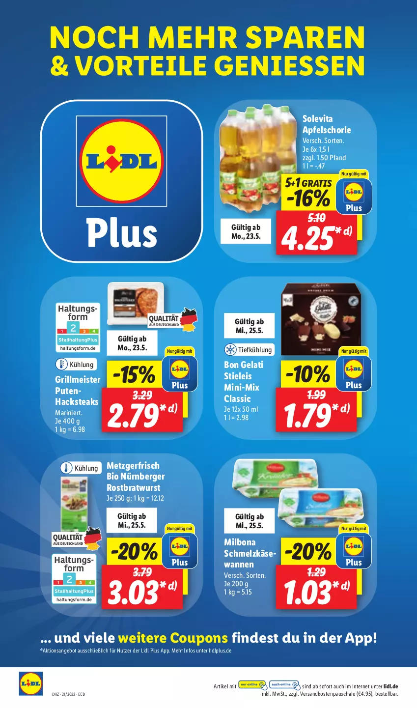 Aktueller Prospekt Lidl - Aktionsprospekt - von 23.05 bis 28.05.2022 - strona 40 - produkty: angebot, apfel, Apfelschorle, Berger, bio, Bon Gelati, Bona, bratwurst, coupon, coupons, eis, grill, Käse, Meister, Milbona, ndk, nürnberger, pute, Putenhacksteak, rostbratwurst, Schal, Schale, Schmelzkäse, schorle, steak, steaks, stieleis, Ti, vita, Wanne, wurst