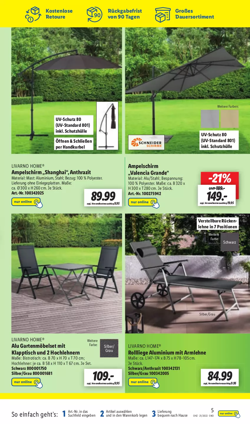 Aktueller Prospekt Lidl - Aktionsprospekt - von 23.05 bis 28.05.2022 - strona 47 - produkty: ampelschirm, auer, Bistrotisch, Garten, gartenmöbel, klapptisch, korb, latte, Liege, möbel, ndk, Ria, rückenlehne, schutzhülle, Ti, tisch, uv-schutz