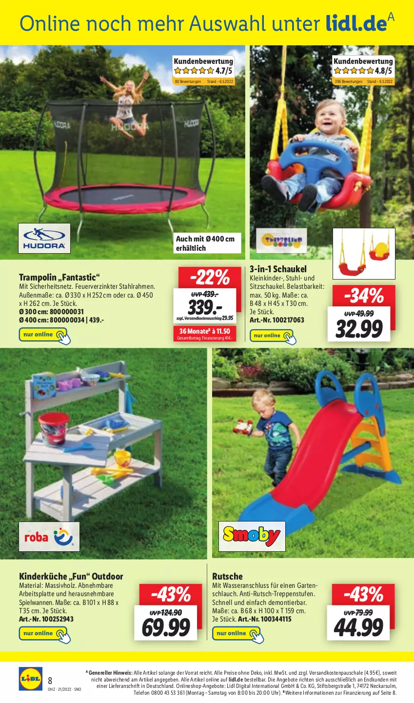 Aktueller Prospekt Lidl - Aktionsprospekt - von 23.05 bis 28.05.2022 - strona 52 - produkty: angebot, angebote, arbeitsplatte, asti, eis, elle, fanta, Garten, gartenschlauch, Holz, Kinder, küche, latte, massivholz, ndk, reis, rel, Ria, Schal, Schale, Schaukel, schlauch, stuhl, telefon, Ti, Trampolin, uhr, Wanne, wasser