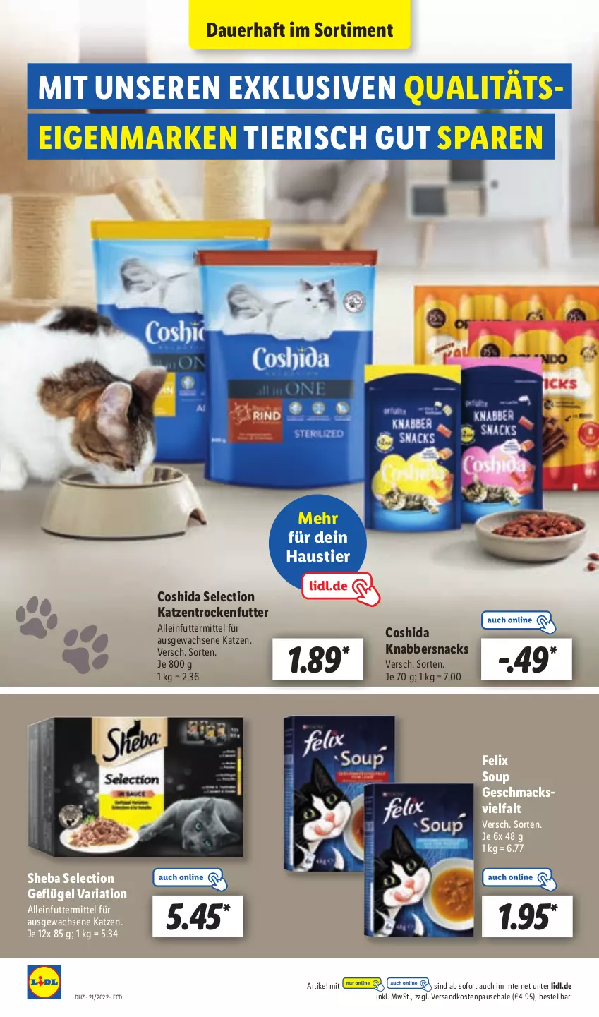 Aktueller Prospekt Lidl - Aktionsprospekt - von 23.05 bis 28.05.2022 - strona 56 - produkty: alleinfuttermittel, auer, aust, Coshida, felix, Geflügel, Katzentrockenfutter, KnabberSnack, mac, ndk, Ria, Schal, Schale, sheba, snack, snacks, Stier, Ti, trockenfutter