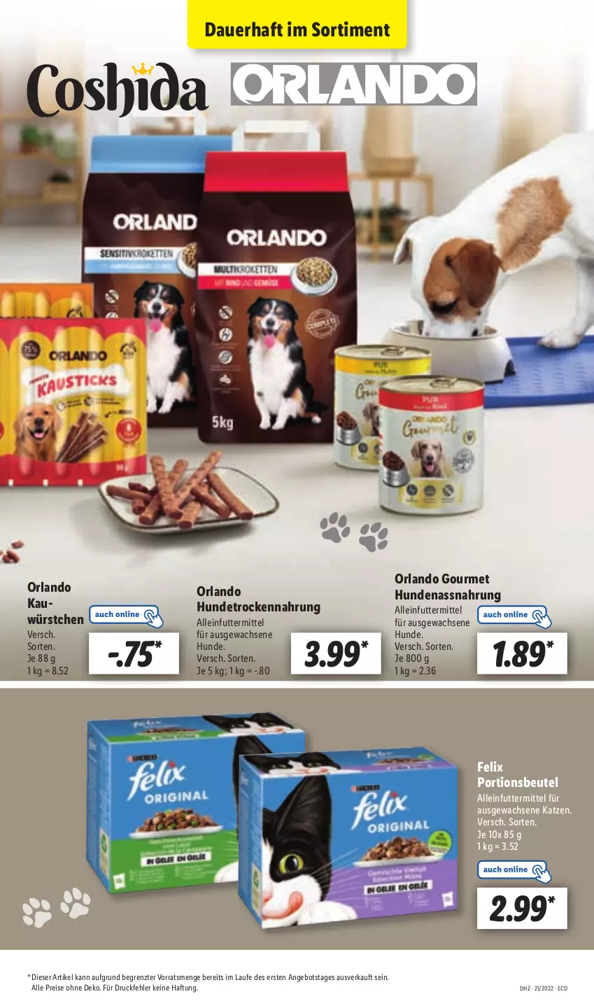 Aktueller Prospekt Lidl - Aktionsprospekt - von 23.05 bis 28.05.2022 - strona 57 - produkty: alleinfuttermittel, angebot, auer, beutel, eis, felix, Hundetrockennahrung, Nassnahrung, portionsbeutel, reis, Ti, Trockennahrung, würstchen, ZTE