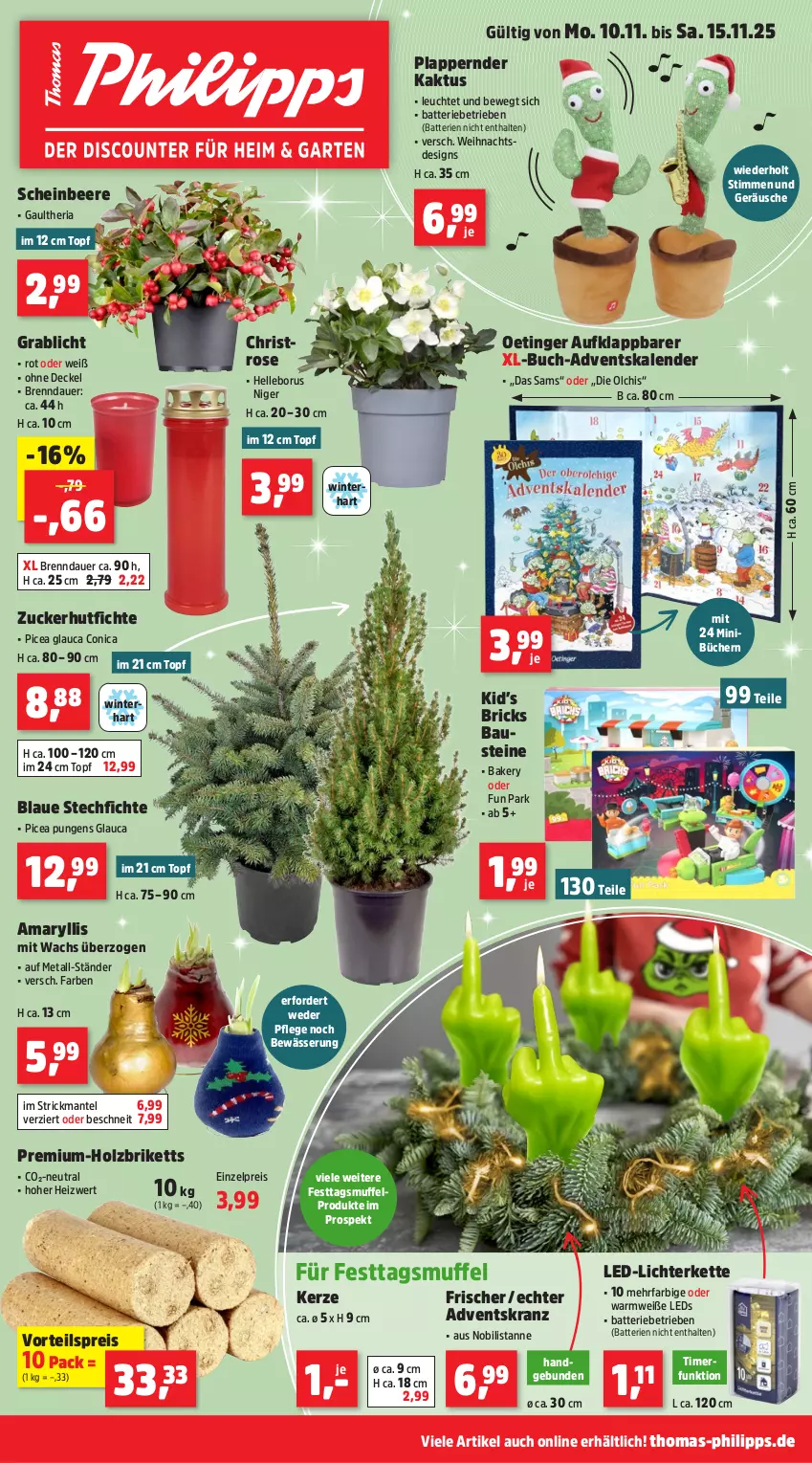 Aktueller Prospekt Thomas Philipps - von 10.11 bis 15.11.2025 - strona 1 - produkty: Adventskalender, Adventskranz, auer, aust, batterie, batterien, Bau, beere, briketts, buch, decke, Deckel, eis, elle, Holz, Holzbriketts, kerze, Kette, Kranz, led-licht, leds, Leuchte, lichterkette, Mantel, reis, Ria, Ti, timer, topf, vorteilspreis, zucker