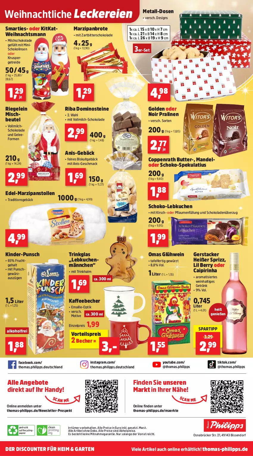 Aktueller Prospekt Thomas Philipps - von 10.11 bis 15.11.2025 - strona 13 - produkty: abholpreise, alkohol, alle preise sind abholpreise, angebot, angebote, Becher, beutel, brot, butter, caipirinha, Clin, coppenrath, discount, Dominosteine, eis, frucht, Garten, gelee, getränk, gewürz, Glühwein, Handy, kaffee, kaffeebecher, Kinder, kirsch, kitkat, kuchen, Lebkuchen, linsen, mac, maille, mandel, marzipan, milch, papier, pflaume, pflaumen, pralinen, reis, riegel, schoko, schokolade, schokoladen, Schokolinsen, smarties, spartipp, Sprizz, Stollen, Ti, trinkglas, vollmilch, vorteilspreis, wein, Yo, Zartbitterschokolade