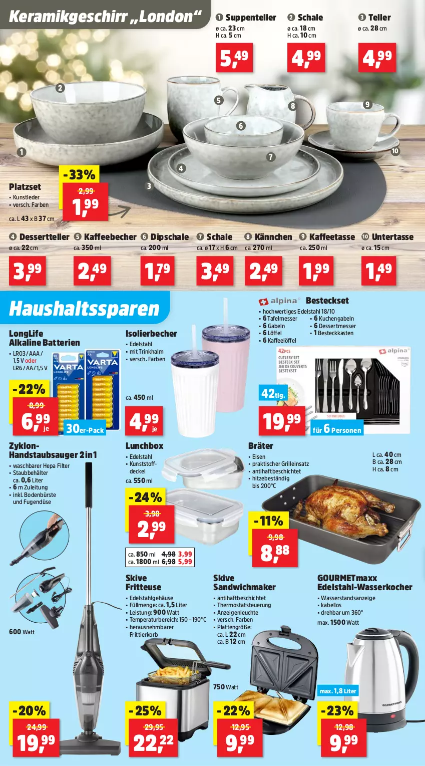 Aktueller Prospekt Thomas Philipps - von 10.11 bis 15.11.2025 - strona 2 - produkty: batterie, batterien, Becher, Behälter, besteck, besteckset, bürste, decke, Deckel, dessert, Dessertteller, dip, Dipschale, edelstahl, eis, elle, ente, fritteuse, Frittierkorb, gabel, geschirr, gourmetmaxx, grill, handstaubsauger, isolierbecher, kaffee, kaffeebecher, Kocher, korb, kuchen, latte, Leuchte, LG, Löffel, longlife, lunchbox, messer, sandwich, Schal, Schale, staubsauger, suppe, suppen, tasse, teller, thermostat, Ti, tisch, wasser, wasserkocher