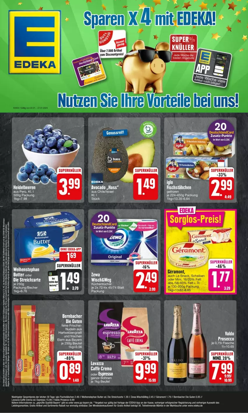 Aktueller Prospekt Edeka - Prospekte - von 22.01 bis 27.01.2024 - strona 1 - produkty: beutel, bohne, bohnen, caffe, discount, ecco, eier, eis, ente, espresso, lavazza, prosecco, reis, rel, Ti, valdo, weihenstephan