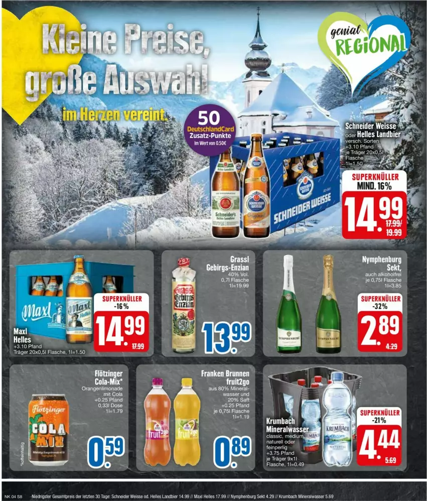 Aktueller Prospekt Edeka - Prospekte - von 22.01 bis 27.01.2024 - strona 10 - produkty: alkohol, Alwa, bier, eis, elle, flasche, krumbach, limo, limonade, Maxl Helles, mineralwasser, orange, orangen, reis, rum, sekt, wasser, ZTE