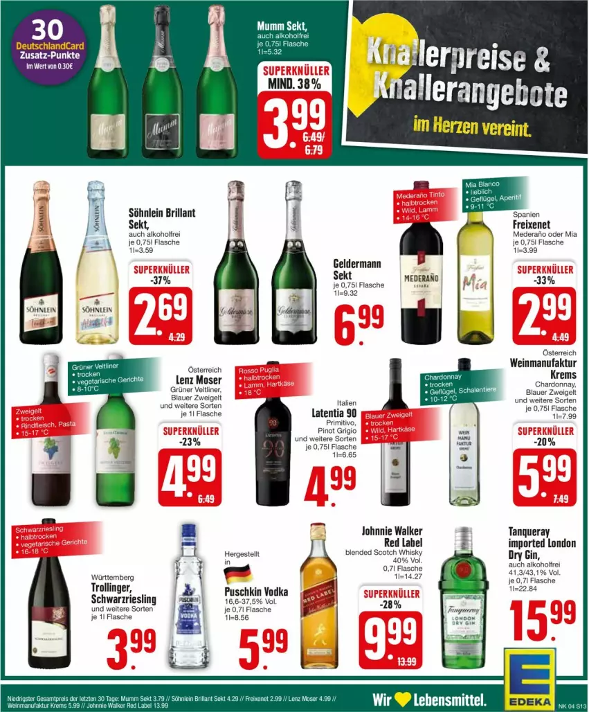 Aktueller Prospekt Edeka - Prospekte - von 22.01 bis 27.01.2024 - strona 15 - produkty: alkohol, angebot, angebote, auer, blauer zweigelt, blended scotch, blended scotch whisky, deka, Faktu, flasche, freixenet, geldermann, gin, johnnie walker, Lenz Moser, moser, Pinot, pinot grigio, primitivo, puschkin vodka, riesling, schwarzriesling, scotch, scotch whisky, sekt, söhnlein, söhnlein brillant, Tanqueray, Ti, vodka, wein, whisky, Zweigelt