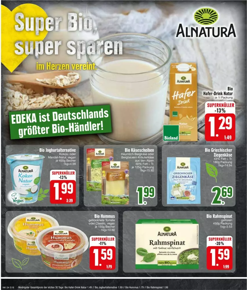 Aktueller Prospekt Edeka - Prospekte - von 22.01 bis 27.01.2024 - strona 20 - produkty: bio, drink, hafer, natur, sahne, spinat, tee, Ti