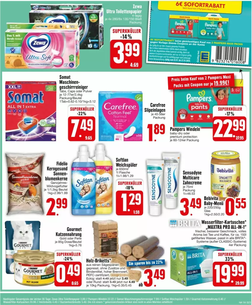 Aktueller Prospekt Edeka - Prospekte - von 22.01 bis 27.01.2024 - strona 25 - produkty: baby-dry, bebivita, beutel, blume, blumen, briketts, brita, Cap, creme, geschirr, Holz, kaffee, katzennahrung, mac, Maxtra, pampers, reiniger, sensodyne, slip, slipeinlagen, sofortrabatt, somat, tee, Ti, vita, Vogelfutter, wasser, wasserfilter, weichspüler, Wild, windeln, zahncreme