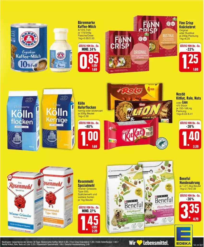 Aktueller Prospekt Edeka - Prospekte - von 22.01 bis 27.01.2024 - strona 29 - produkty: bärenmarke, beutel, Blüte, brot, flasche, gin, hafer, haferflocken, hundenahrung, kaffee, kitkat, knäckebrot, kölln, lebensmittel, lion, mehl, milch, rosen, Rosenmehl, Spätzlemehl, Spezi, Ti, wiener