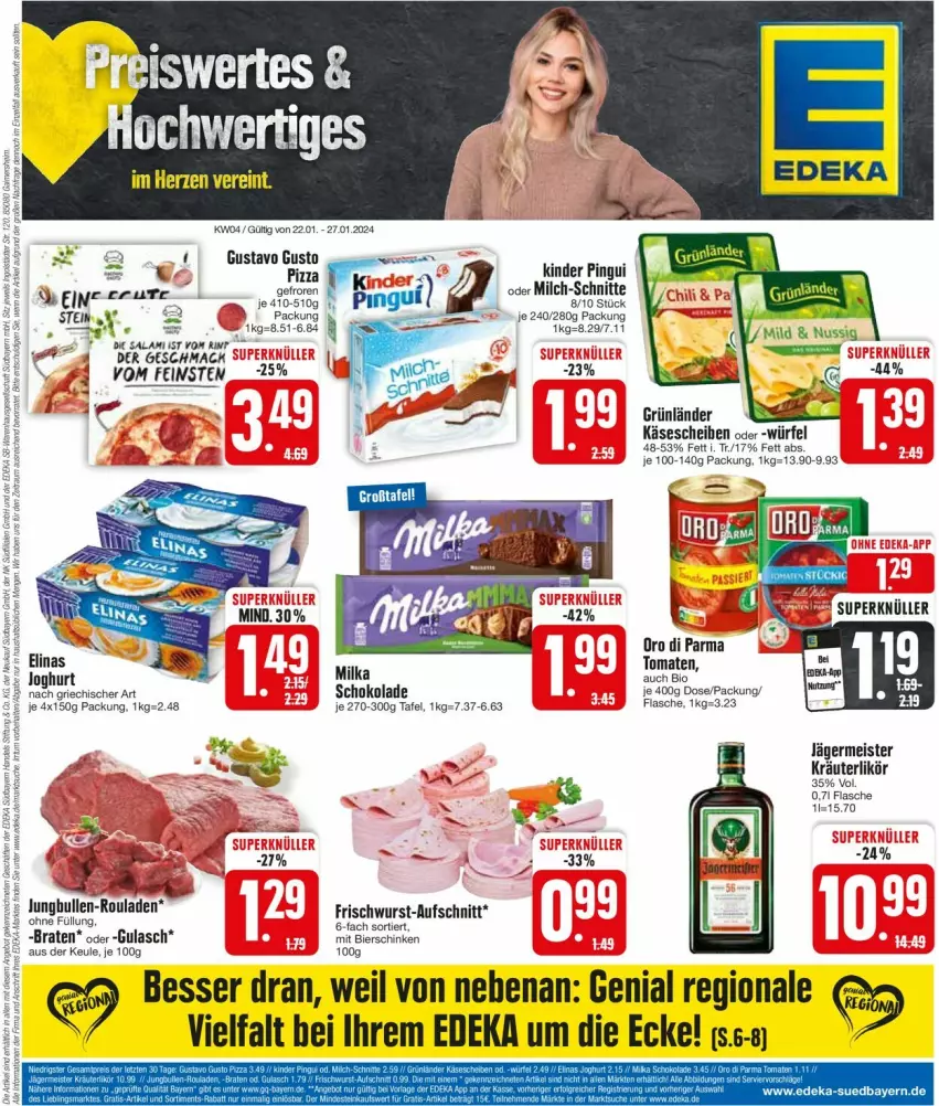 Aktueller Prospekt Edeka - Prospekte - von 22.01 bis 27.01.2024 - strona 3 - produkty: aufschnitt, bio, braten, deka, eis, flasche, Germ, gulasch, jägermeister, joghur, joghurt, jungbullen, Käse, käsescheiben, kräuter, kräuterlikör, likör, mac, Meister, milch, milch-schnitte, milka, milka schokolade, oro di parma, pizza, rouladen, salami, schoko, schokolade, Ti, tomate, tomaten, würfel, wurst