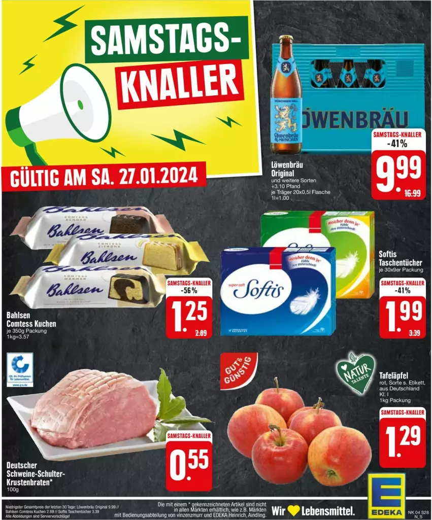 Aktueller Prospekt Edeka - Prospekte - von 22.01 bis 27.01.2024 - strona 30 - produkty: bahlsen, braten, comtess, comtess kuchen, deka, eis, flasche, gin, krustenbraten, kuchen, reis, tafeläpfel, Tasche, taschen, taschentücher, Ti, tücher, ZTE