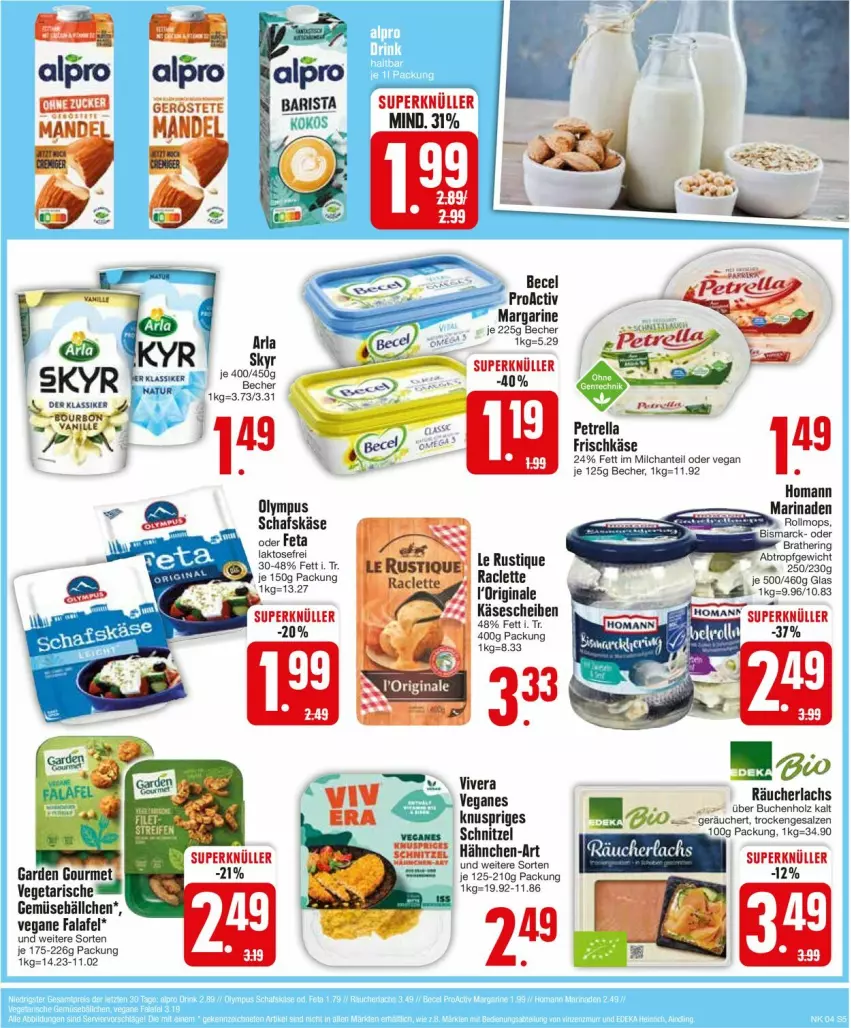 Aktueller Prospekt Edeka - Prospekte - von 22.01 bis 27.01.2024 - strona 7 - produkty: arla, becel, Becher, buch, Falafel, feta, frischkäse, garden gourmet, gin, Holz, homann, Käse, käsescheiben, lachs, Le Rustique, margarine, marinade, milch, petrella, Räucherlachs, rel, salz, schafskäse, schnitzel, Ti, Vegeta