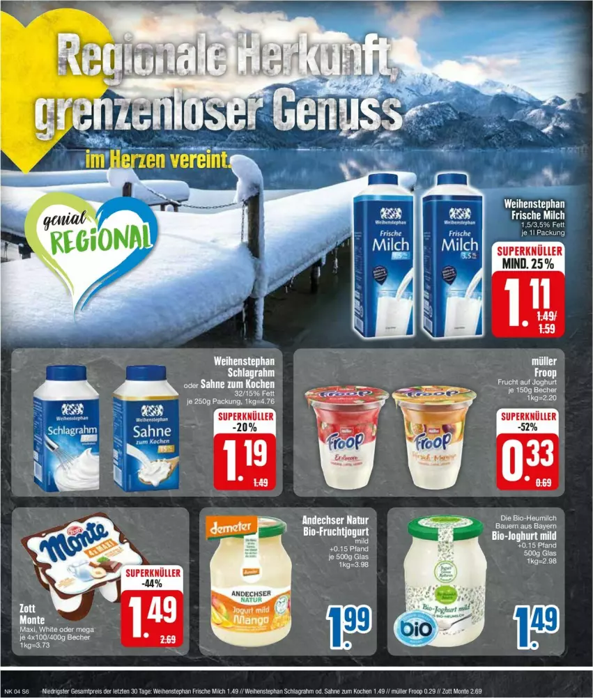 Aktueller Prospekt Edeka - Prospekte - von 22.01 bis 27.01.2024 - strona 8 - produkty: andechser natur, auer, Bau, Bauer, bio, eis, frische milch, froop, frucht, Heu, heumilch, joghur, joghurt, milch, monte, Müller, müller froop, natur, reis, sahne, schlagrahm, weihenstephan, zott, Zott Monte, ZTE