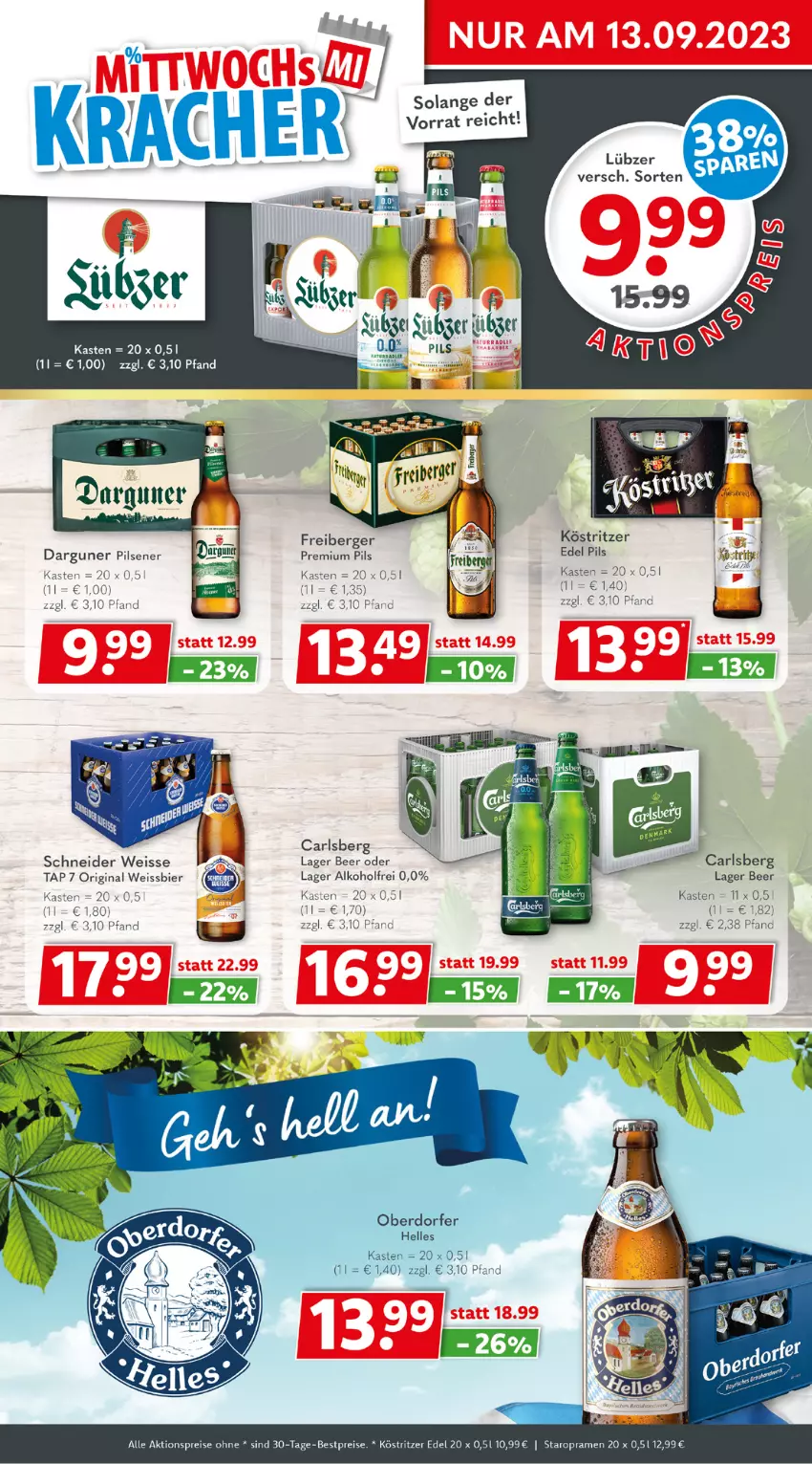 Aktueller Prospekt Getraenkeland - von 04.09 bis 16.09.2023 - strona 3 - produkty: aktionspreis, alkohol, Berger, bestpreis, bestpreise, bier, carlsberg, eis, elle, Freiberger, gin, köstritzer, Lübzer, pils, pilsener, premium pils, reis, rel, Staropramen, Ti, weissbier