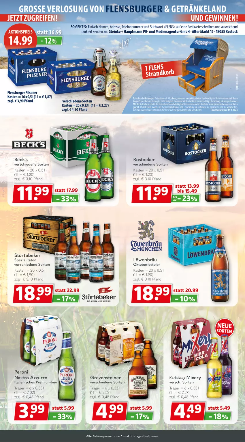 Aktueller Prospekt Getraenkeland - von 04.09 bis 16.09.2023 - strona 4 - produkty: aktionspreis, beck's, bestpreis, bestpreise, bier, burger, eis, Elan, erde, Faktu, flensburger, getränk, getränke, grevensteiner, karlsberg, karlsberg mixery, Mixer, mixery, Peroni, pils, pilsener, Premiumbier, reis, Rostocker, Spezi, steiner, störtebeker, telefon, Ti, weck