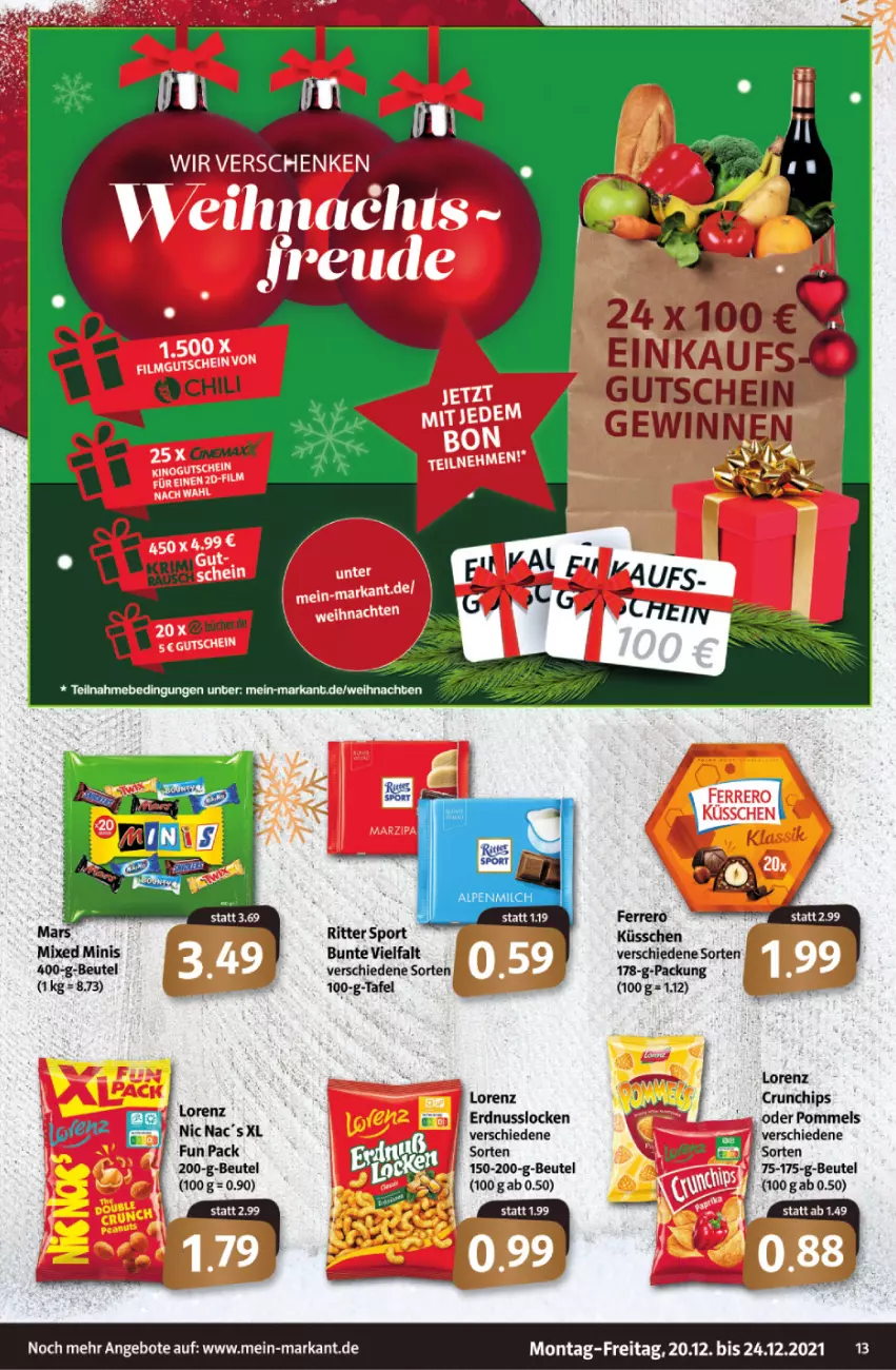 Aktueller Prospekt Markant - Prospekte - von 20.12 bis 24.12.2021 - strona 13 - produkty: alpenmilch, angebot, angebote, beutel, chips, crunchips, erdnuss, gutschein, lorenz, milch, nuss, Pommels, ritter, ritter sport, Sport