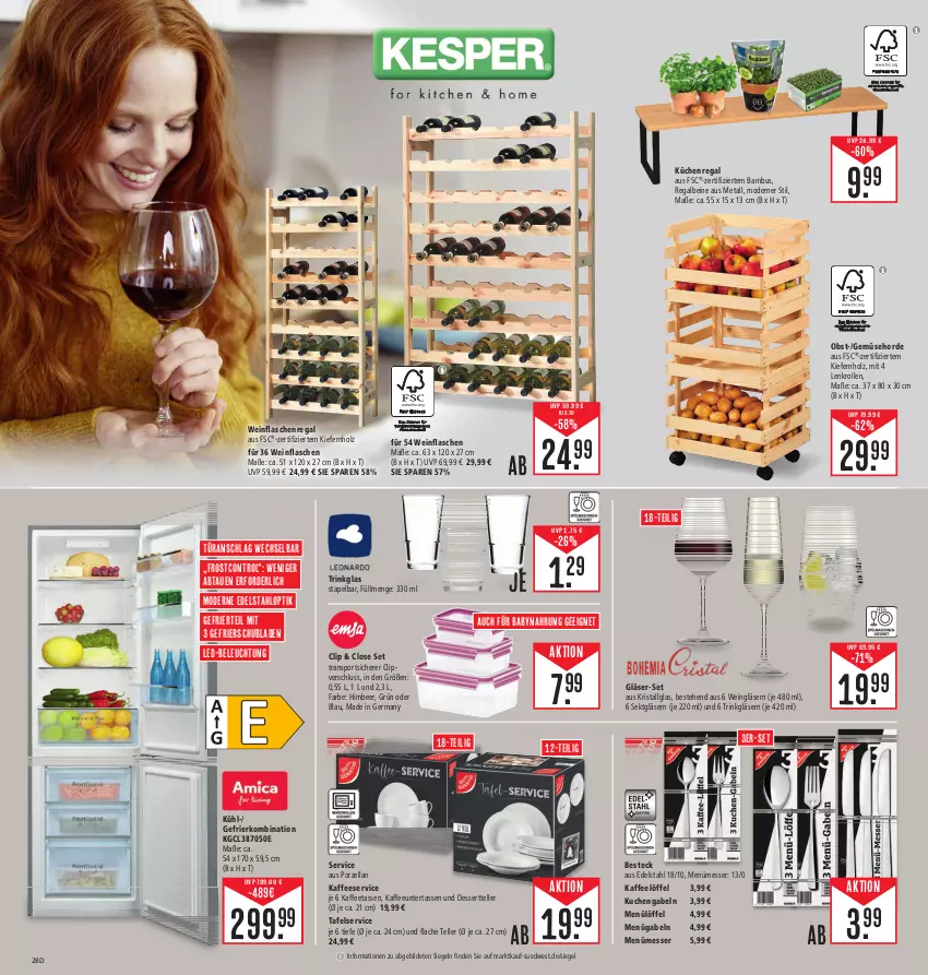 Aktueller Prospekt E Center - Angebote der Woche - von 25.09 bis 30.09.2023 - strona 32 - produkty: Babynahrung, bambus, beleuchtung, besteck, dessert, Dessertteller, edelstahl, elle, flasche, gabel, gefrierkombination, Germ, Gläser, himbeer, Holz, kaffee, Kaffeetassen, küche, kuchen, Küchen, Küchenregal, led-beleuchtung, LG, Löffel, messer, Mode, obst, regal, schubladen, sekt, Sport, tasse, teller, Ti, trinkglas, türanschlag wechselbar, wein, Weingläser