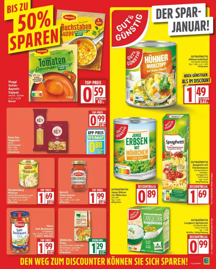 Aktueller Prospekt Edeka - Prospekte - von 12.01 bis 17.01.2026 - strona 15 - produkty: beutel, eier, eis, ente, erbsen, fertiggericht, hartkäse, hühner, junge erbsen, Käse, kochbeutel, korn, nudel, reis, sauce, spaghetti, Ti, tomate, tomaten, tomatensauce, topf