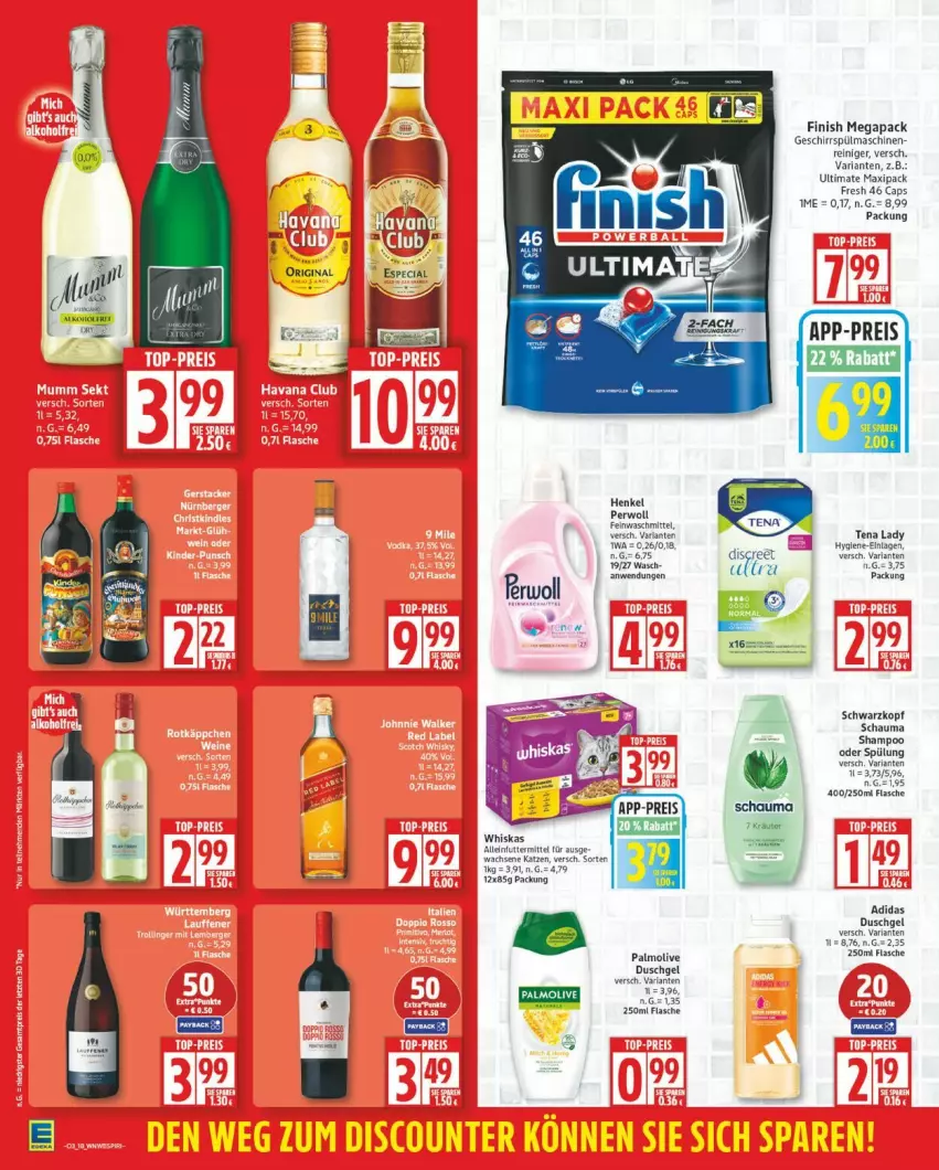 Aktueller Prospekt Edeka - Prospekte - von 12.01 bis 17.01.2026 - strona 18 - produkty: Adidas, arla, Cap, Discreet, duschgel, feinwaschmittel, Finish, flasche, geschirr, henkel, olive, palmolive, perwoll, reiniger, Ria, schauma, schwarzkop, schwarzkopf, spülmaschinen, Tena Lady, Ti, waschmittel, whiskas