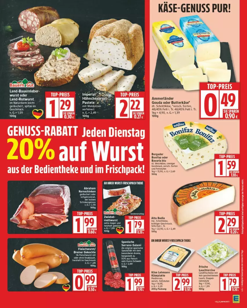 Aktueller Prospekt Edeka - Prospekte - von 12.01 bis 17.01.2026 - strona 7 - produkty: ammerländer, auer, Bad, Bau, Bauer, bavaria blu, bergader, butter, butterkäse, eis, fleisch, fleischwurst, frischkäse, gin, gouda, hähnchenbrust, HP, Käse, latte, mac, merl, natur, nuss, pastete, Ria, Rotwurst, salami, schnitten, schnittkäse, schwein, serrano, terrine, Ti, wein, wurst