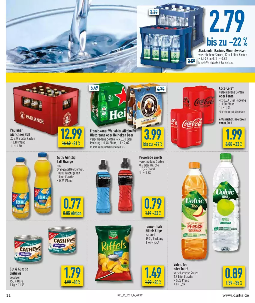 Aktueller Prospekt Diska - Prospekte - von 16.05 bis 21.05.2022 - strona 11 - produkty: alkohol, Alwa, bier, Blutorange, chips, cola, eis, fanta, flasche, franziskaner, frucht, funny-frisch, heineken, limo, limonade, mineralwasser, natur, orange, orangen, orangensaft, Paula, paulaner, reis, rel, saft, salz, Sport, tee, Ti, volvic, wasser, weissbier