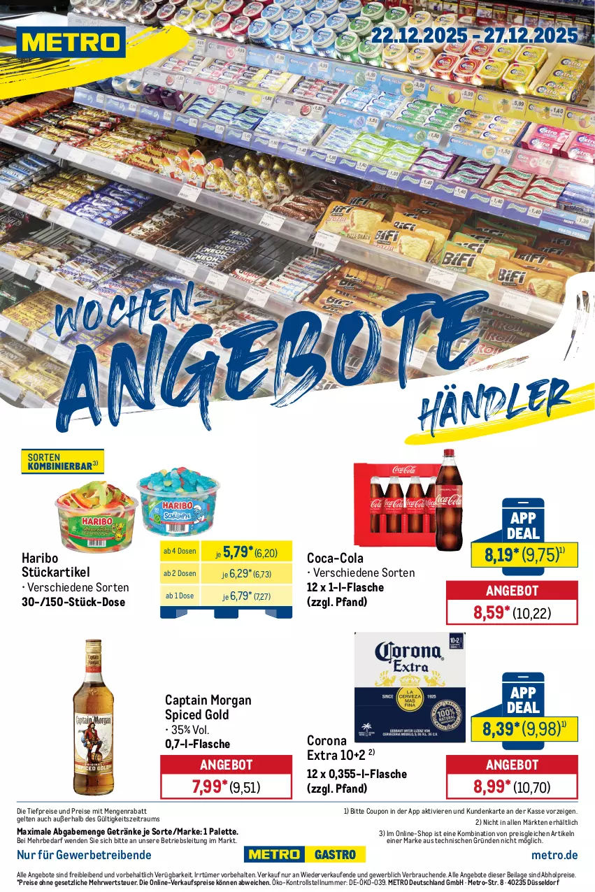 Aktueller Prospekt Metro - Wochen-Angebote Händler - von 22.12 bis 27.12.2025 - strona 1 - produkty: abholpreise, angebot, angebote, Cap, captain morgan, coca-cola, cola, corona, corona extra, coupon, eis, flasche, getränk, getränke, haribo, ilag, Metro, Palette, Rauch, reis, rwe, Ti, tiefpreis