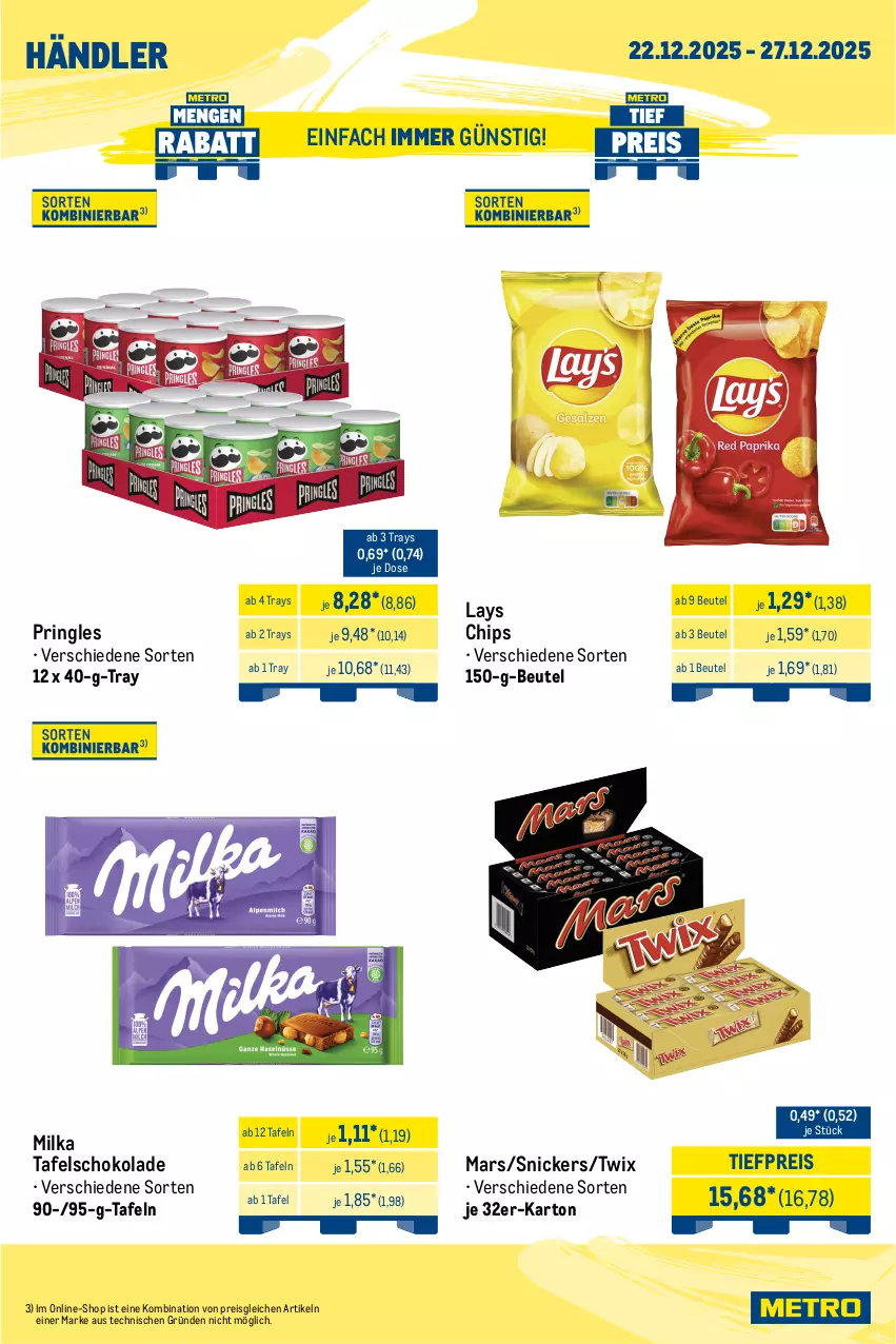 Aktueller Prospekt Metro - Wochen-Angebote Händler - von 22.12 bis 27.12.2025 - strona 2 - produkty: Alwa, angebot, beutel, bio, bionade, chips, drink, eis, eistee, energy drink, flasche, getränk, getränke, lays, mars, Metro, metro gastro, milka, mineralwasser, Palette, pringles, Rauch, red bull, reis, ring, schoko, schokolade, snickers, tafelschokolade, tee, Ti, tiefpreis, twix, wasser