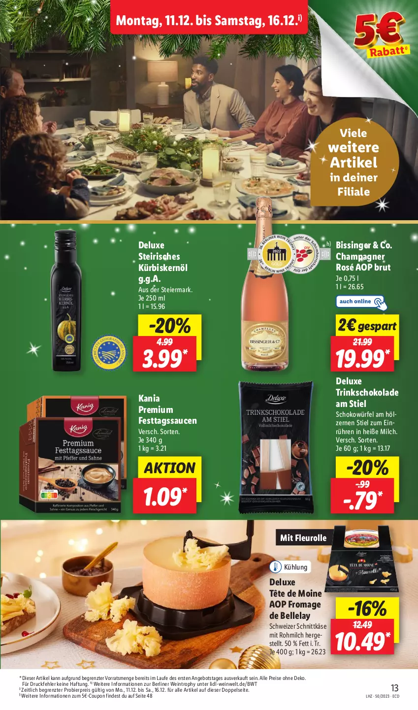 Aktueller Prospekt Lidl - Aktionsprospekt - von 11.12 bis 16.12.2023 - strona 17 - produkty: angebot, berliner, bier, brut, champagne, champagner, coupon, eier, eis, elle, Käse, Kürbis, Kürbiskernöl, milch, reis, sauce, saucen, schnittkäse, schoko, schokolade, schokowürfel, schweizer schnittkäse, Tête de Moine, Ti, wein, würfel, ZTE