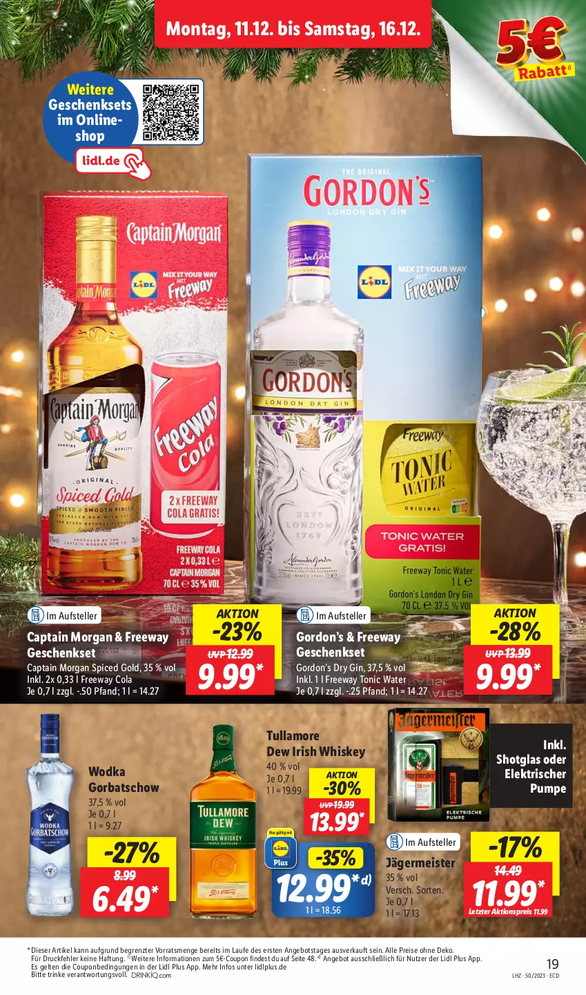 Aktueller Prospekt Lidl - Aktionsprospekt - von 11.12 bis 16.12.2023 - strona 25 - produkty: aktionspreis, angebot, Cap, captain morgan, cola, coupon, dry gin, eis, elle, Germ, geschenkset, gin, Gorbatschow, gordon, Gordon’s, irish whiskey, jägermeister, Meister, reis, Shotglas, teller, Ti, tonic, tonic water, tullamore, tullamore dew, whiskey, wodka, ZTE