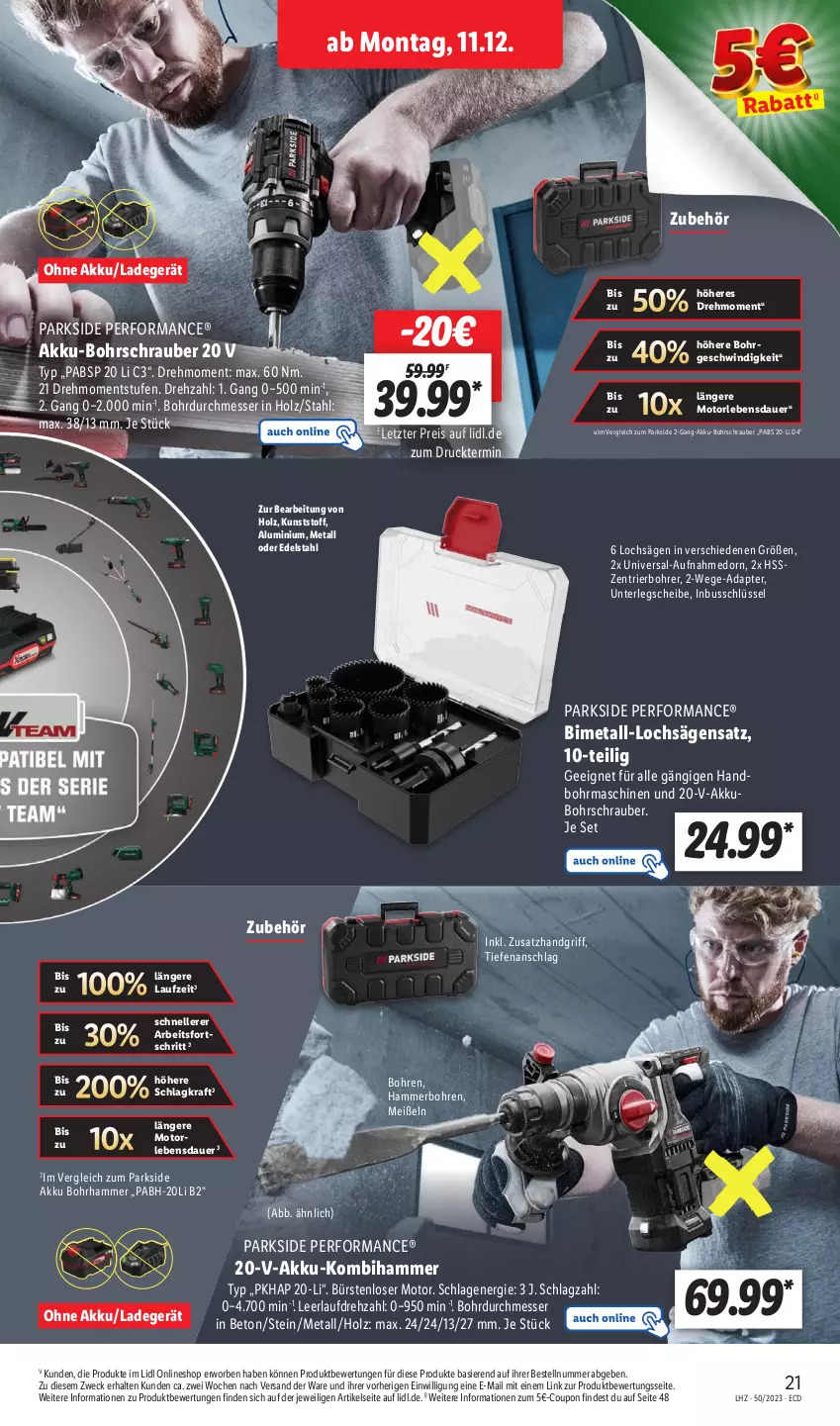 Aktueller Prospekt Lidl - Aktionsprospekt - von 11.12 bis 16.12.2023 - strona 29 - produkty: adapter, akku, akku-bohrschrauber, auer, Bohrhammer, Bohrschrauber, coupon, edelstahl, eis, elle, Holz, Kombihammer, kraft, ladegerät, Lochsägensatz, messer, Parkside, reis, säge, Ti, weck, ZTE