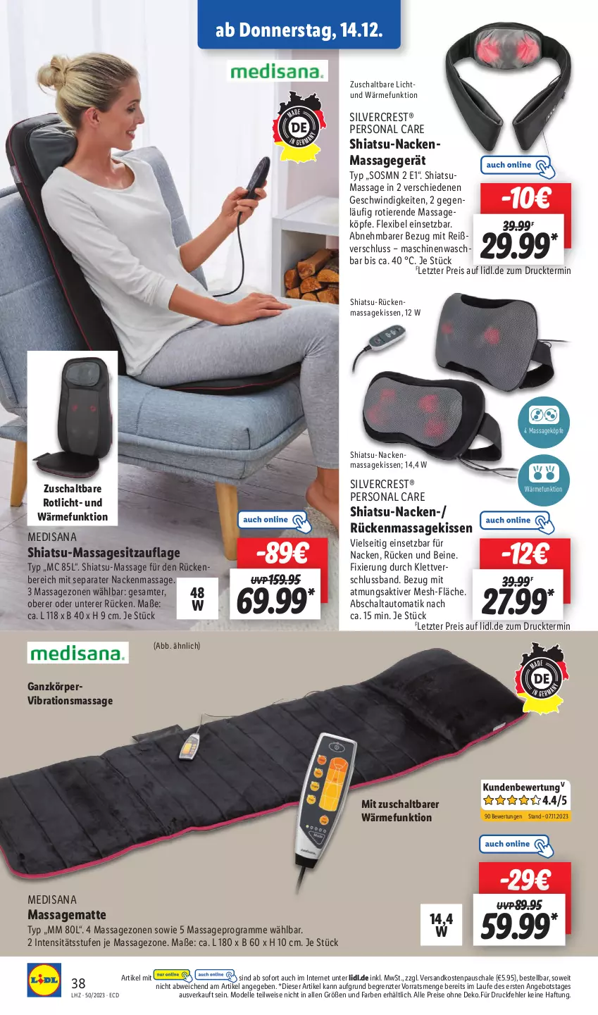 Aktueller Prospekt Lidl - Aktionsprospekt - von 11.12 bis 16.12.2023 - strona 50 - produkty: angebot, auto, dell, eis, elle, isana, kissen, Massagegerät, medisana, Mode, ndk, Persona, reis, sana, Schal, Schale, silvercrest, Sitzauflage, Ti, Tiere, ZTE