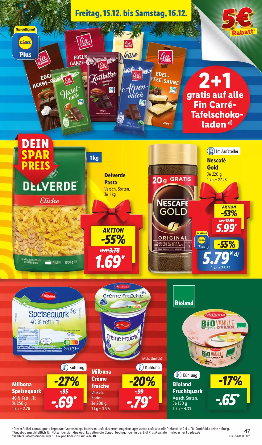 Aktueller Prospekt Lidl - Aktionsprospekt - von 11.12 bis 16.12.2023 - strona 61 - produkty: angebot, bio, bioland, Bona, coupon, crème fraîche, eis, elle, erde, frucht, Fruchtquark, Milbona, Nescafé, nescafé gold, pasta, quark, reis, schoko, schokolade, schokoladen, speisequark, tafelschokolade, teller, Ti, ZTE