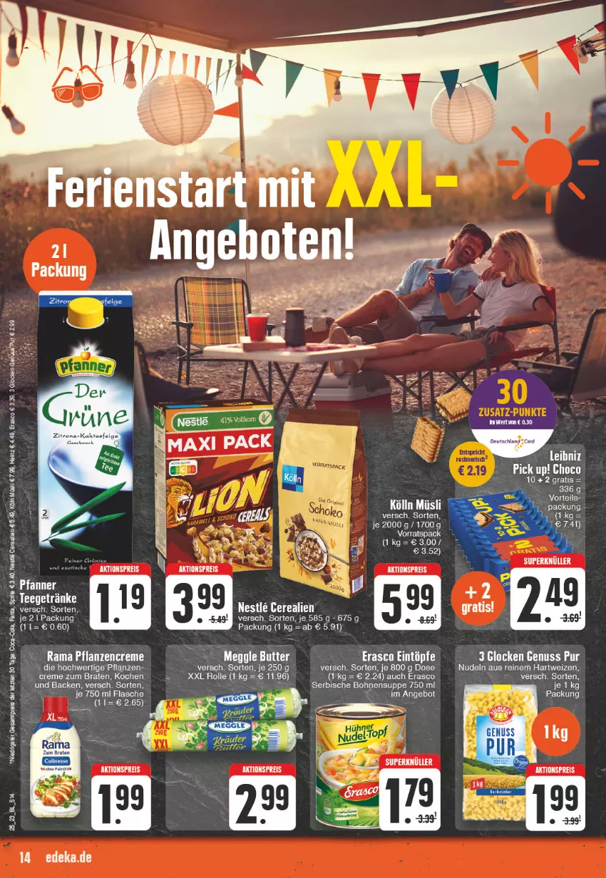 Aktueller Prospekt Edeka - Angebote der Woche - von 12.06 bis 17.06.2023 - strona 14 - produkty: aktionspreis, braten, cerealien, creme, deka, eintöpfe, eis, erasco, flasche, getränk, getränke, hartweizen, kölln, müsli, nudel, nudeln, nuss, pflanze, pflanzen, pflanzencreme, Pick Up!, rama, reis, tee, Ti, tuc