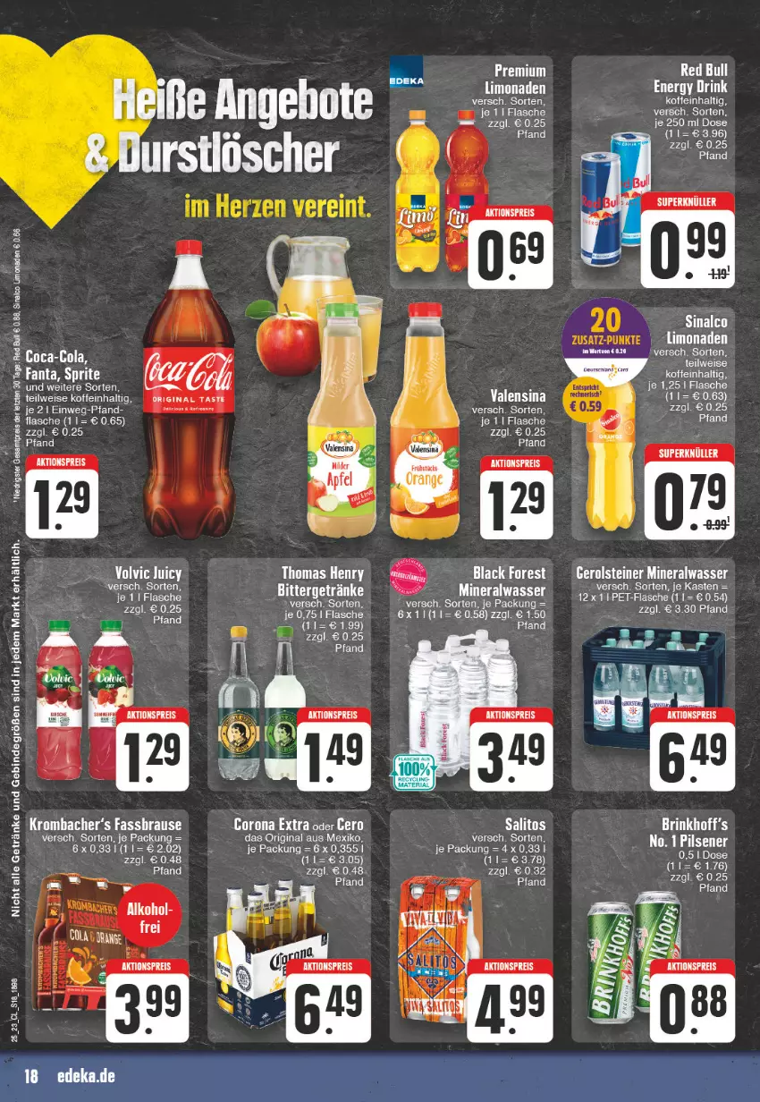 Aktueller Prospekt Edeka - Angebote der Woche - von 12.06 bis 17.06.2023 - strona 18 - produkty: aktionspreis, alkohol, Alwa, black forest, brause, coca-cola, cola, corona, corona extra, eis, fassbrause, flasche, gerolsteine, gerolsteiner, getränk, getränke, gin, krombache, krombacher, lack, limo, limonade, limonaden, mineralwasser, pet-flasche, red bull, reis, sinalco, steiner, thomas henry, Ti, uhr, valensina, wasser, ZTE