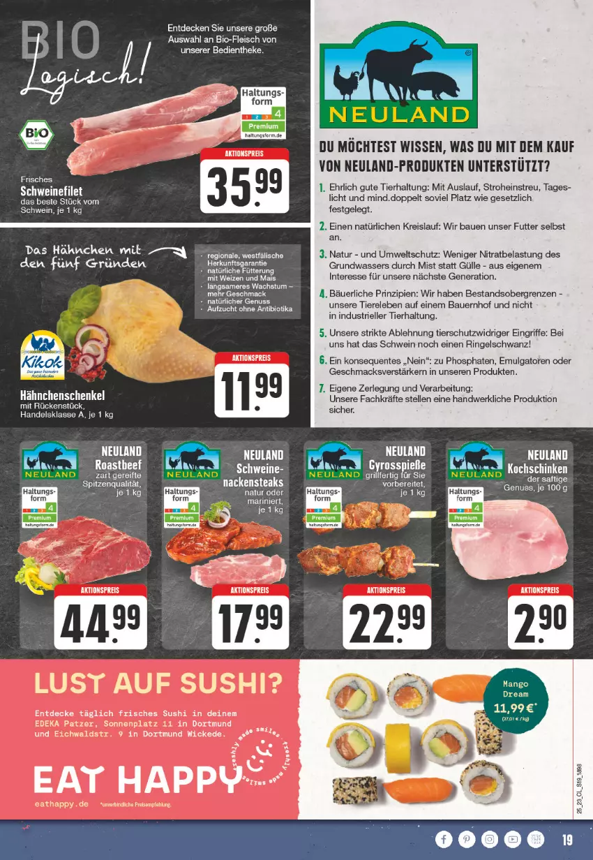 Aktueller Prospekt Edeka - Angebote der Woche - von 12.06 bis 17.06.2023 - strona 19 - produkty: aktionspreis, auer, Bau, Bauer, bio, decke, deka, eis, elle, ente, fleisch, grill, hähnchenschenkel, henkel, kochschinken, LG, mac, mais, mango, Nackensteak, nackensteaks, natur, nuss, reis, rel, ring, saft, schenkel, schinken, schwein, schweine, spitzenqualität, steak, steaks, Sushi, tee, Ti, Tiere, wasser, wein, weine, WICK