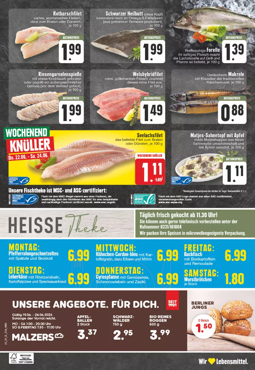 Aktueller Prospekt Edeka - Angebote der Woche - von 12.06 bis 17.06.2023 - strona 24 - produkty: aktionspreis, angebot, angebote, apfel, aqua, ball, berliner, bio, braten, eier, eis, elle, ente, filet, fisch, fische, Fischer, fleisch, forelle, garnelen, grill, grill und pfanne, ideal zum braten, knoblauch, lachs, mac, Makrele, malz, matjes, nuss, omega, Omega-3, pfanne, reis, rel, riesengarnelen, Rotbarsch, rotbarschfilet, saft, sahne, Schere, Soße, telefon, Ti, tisch, topf, uhr, und pfanne, Wels