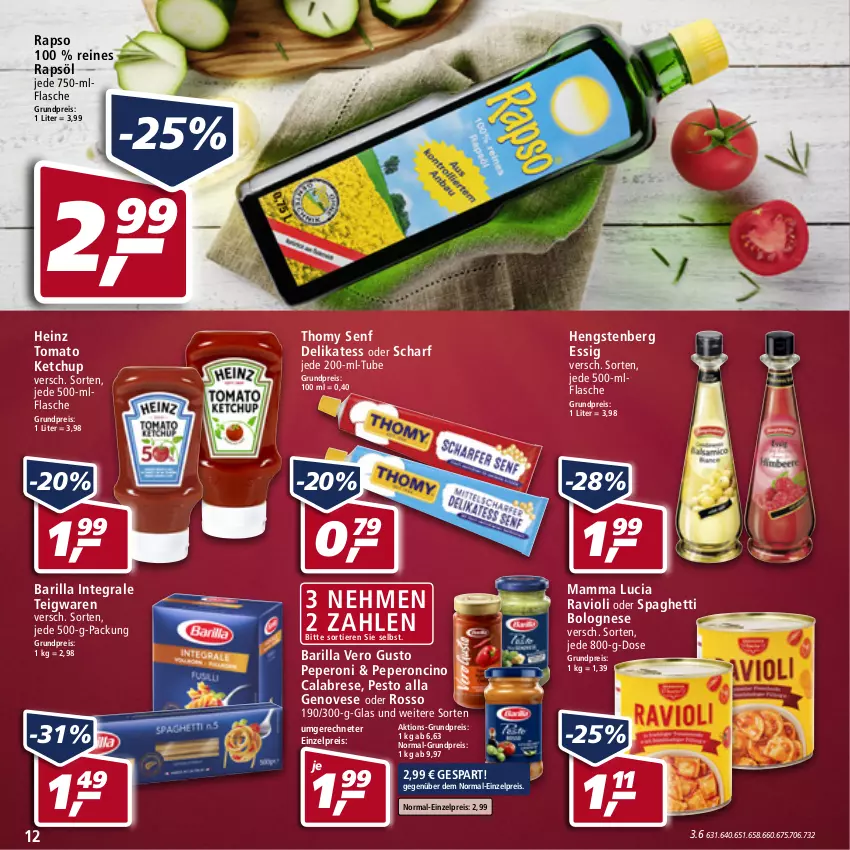 Aktueller Prospekt Real - Real Handzettel - von 07.03 bis 12.03.2022 - strona 12 - produkty: barilla, bolognese, cin, eis, essig, flasche, genovese, heinz, hengstenberg, ketchup, mam, peperoni, Peroni, pesto, rapso, rapsöl, ravioli, reines rapsöl, reis, senf, spaghetti, spaghetti bolognese, teigwaren, thomy, Ti, Tiere, tomato ketchup