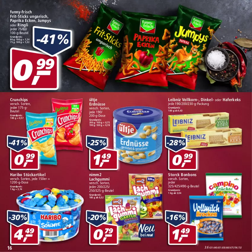 Aktueller Prospekt Real - Real Handzettel - von 07.03 bis 12.03.2022 - strona 16 - produkty: beutel, bonbons, chips, crunchips, eis, erdnüsse, Frit-Sticks, funny-frisch, hafer, haribo, keks, korn, lachgummi, leibniz, nimm2, paprika, reis, ring, storck, Ti, ültje, ültje erdnüsse