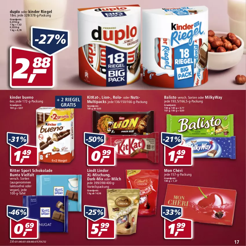 Aktueller Prospekt Real - Real Handzettel - von 07.03 bis 12.03.2022 - strona 17 - produkty: balisto, duplo, eis, Kinder, kinder bueno, kinder riegel, kitkat, lindor, lindt, lion, milch, Milkyway, Mon Chéri, reis, riegel, ritter, ritter sport, schoko, schokolade, Sport, Ti