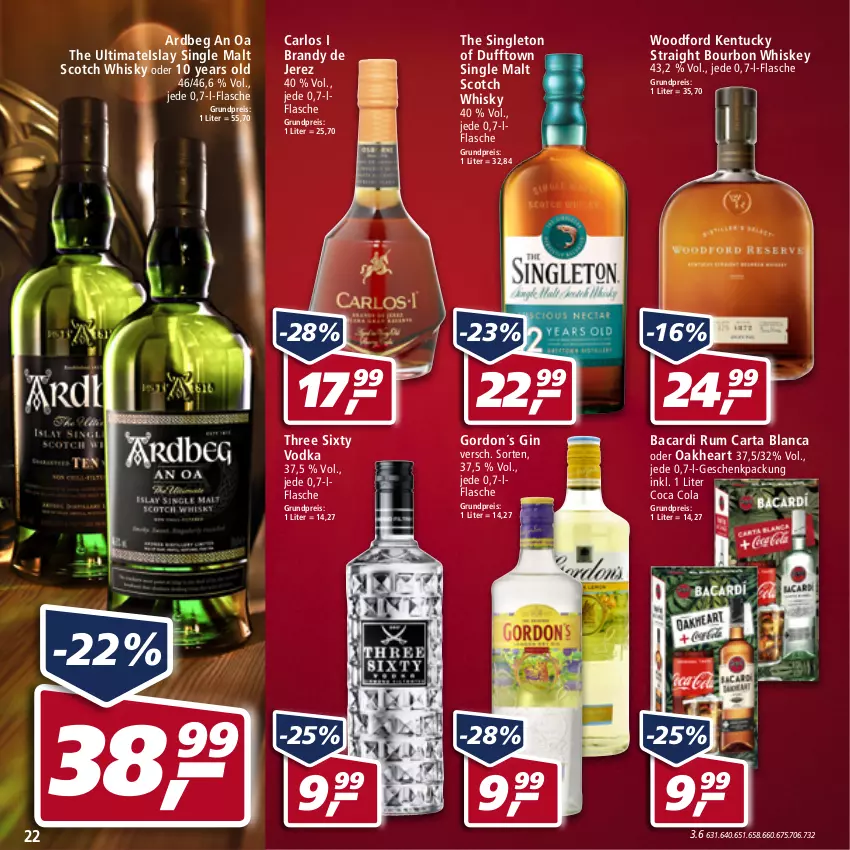 Aktueller Prospekt Real - Real Handzettel - von 07.03 bis 12.03.2022 - strona 22 - produkty: Ardbeg, arlo, bacardi, bacardi rum, bourbon, bourbon whiskey, cola, eis, flasche, geschenkpackung, gin, gordon, islay single malt, kentucky straight, oakheart, reis, rum, scotch, scotch whisky, single malt, Three Sixty, Ti, tuc, vodka, whiskey, whisky