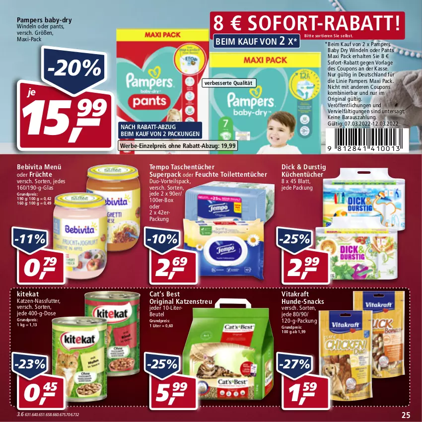 Aktueller Prospekt Real - Real Handzettel - von 07.03 bis 12.03.2022 - strona 25 - produkty: baby-dry, bebivita, beutel, coupon, coupons, eis, früchte, gin, Katzenstreu, kitekat, kraft, küche, Küchen, küchentücher, nassfutter, pampers, pampers baby dry, Pants, reis, snack, snacks, sofort-rabatt, Tasche, taschen, taschentücher, Tempo, Ti, Tiere, toilettentücher, tücher, vita, vitakraft, windeln, windeln oder pants